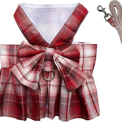pet products Dog Dress Bowknot Harness Leash Set for Small Dogs Girl Cute Plaid Dog Dress Pearls Bow Tie Spring Summer Princess Clothes Birthday Holiday Doggie Outfits for Puppy Cats Girl Apparel.