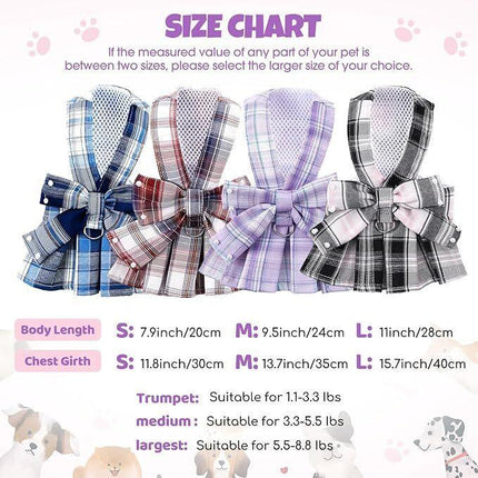 pet products Dog Dress Bowknot Harness Leash Set for Small Dogs Girl Cute Plaid Dog Dress Pearls Bow Tie Spring Summer Princess Clothes Birthday Holiday Doggie Outfits for Puppy Cats Girl Apparel.