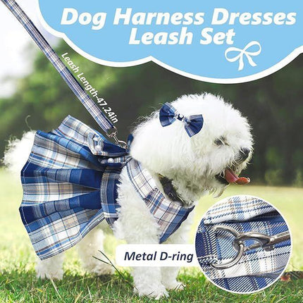 pet products Dog Dress Bowknot Harness Leash Set for Small Dogs Girl Cute Plaid Dog Dress Pearls Bow Tie Spring Summer Princess Clothes Birthday Holiday Doggie Outfits for Puppy Cats Girl Apparel.