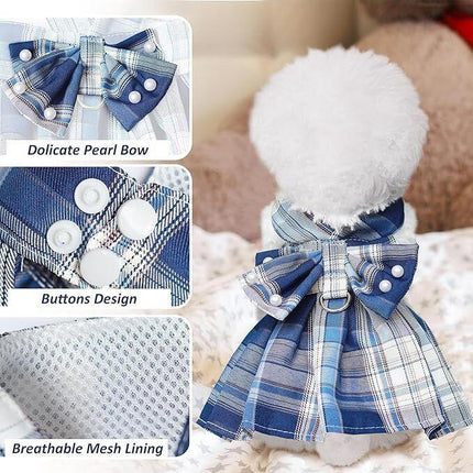 pet products Dog Dress Bowknot Harness Leash Set for Small Dogs Girl Cute Plaid Dog Dress Pearls Bow Tie Spring Summer Princess Clothes Birthday Holiday Doggie Outfits for Puppy Cats Girl Apparel.