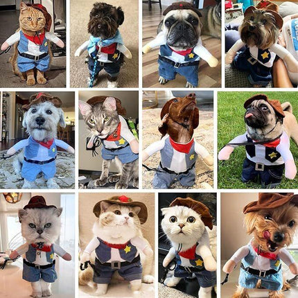 pet products Small Dog Cowboy Costume with Hat 2pcs Funny Halloween Chucky Costumes Cool West Cowboy Uniform Puppy Denim Overalls Western Cosplay Sheriff Outfits Cat Apparel.