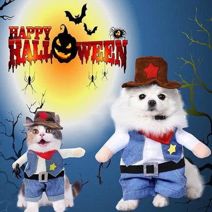 pet products Small Dog Cowboy Costume with Hat 2pcs Funny Halloween Chucky Costumes Cool West Cowboy Uniform Puppy Denim Overalls Western Cosplay Sheriff Outfits Cat Apparel.
