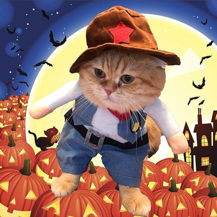 pet products Small Dog Cowboy Costume with Hat 2pcs Funny Halloween Chucky Costumes Cool West Cowboy Uniform Puppy Denim Overalls Western Cosplay Sheriff Outfits Cat Apparel.