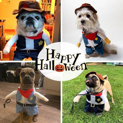 pet products Small Dog Cowboy Costume with Hat 2pcs Funny Halloween Chucky Costumes Cool West Cowboy Uniform Puppy Denim Overalls Western Cosplay Sheriff Outfits Cat Apparel.