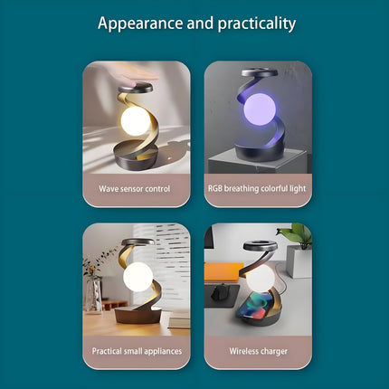 Rotating Levitating Night Light with RGB Colors & Wireless Charging: 1-Second Palm-Activated Spin, Motion-Sensing – Futuristic Lighting for Australian Bedrooms & Offices.
