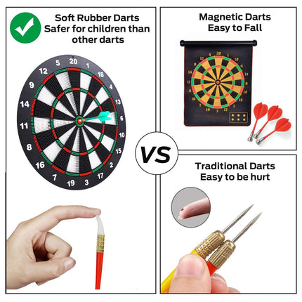 Safety Dart Board Set with 6 Soft Tip Darts: 16-Inch Rubber Dartboard for Family, Office & Party Leisure Sport.