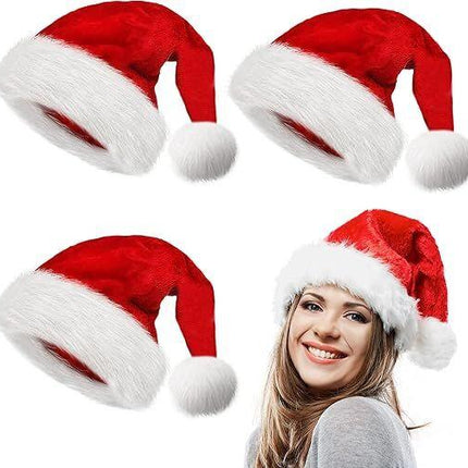 3Pack Christmas Santa Hats for Adults - Extra Thicken Velvet Santa Claus Hats for Women Men Fluffy Plush Xmas Hats Christmas Party Supplies New Year's Eve Party Hats for Adults Teenagers.