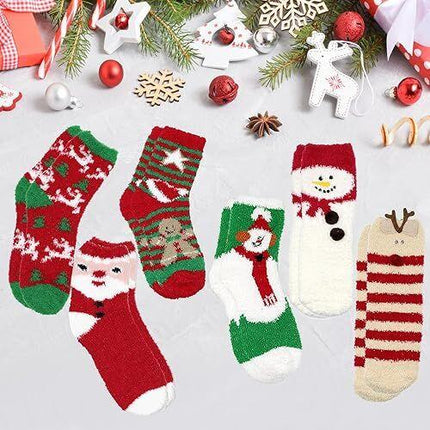 Christmas Socks - 6 Pairs Cozy Warm Fluffy Plush Bed Socks for Women, Girls - Cute Coral Fleece Xmas Indoor.