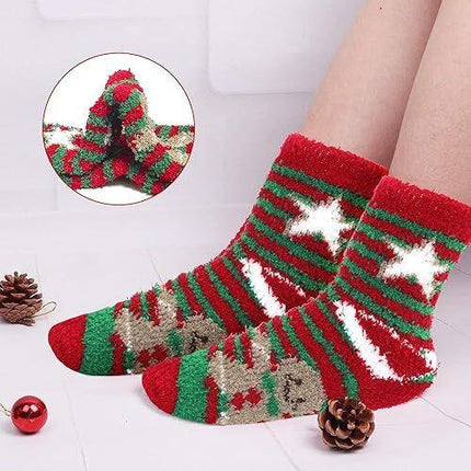 Christmas Socks - 6 Pairs Cozy Warm Fluffy Plush Bed Socks for Women, Girls - Cute Coral Fleece Xmas Indoor.