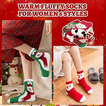 Christmas Socks - 6 Pairs Cozy Warm Fluffy Plush Bed Socks for Women, Girls - Cute Coral Fleece Xmas Indoor.
