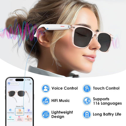 AI Smart Translation Sunglasses: UV400, Bluetooth, 110+ Languages, Voice Control – Ideal for Travel & Work (Pink).