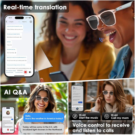 AI Smart Translation Sunglasses: UV400, Bluetooth, 110+ Languages, Voice Control – Ideal for Travel & Work (Pink).