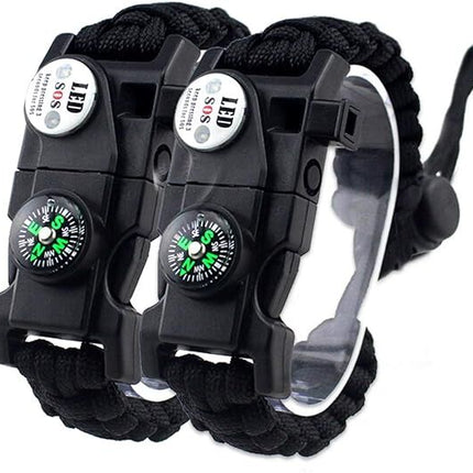 21 in 1 Survival Bracelet, Paracord Emergency Outdoor Sports Wristband Kit Waterproof Compass, SOS LED Light, Thermometer, Rescue Whistle, Fire Starter. Multi 21 Tools (Black 2 Pc).
