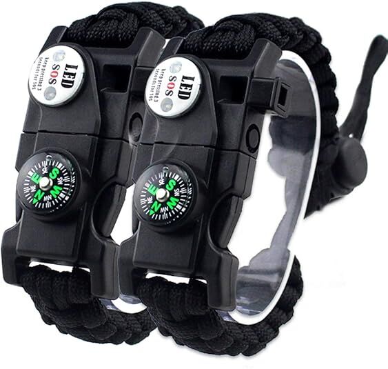 21 in 1 Survival Bracelet, Paracord Emergency Outdoor Sports Wristband Kit Waterproof Compass, SOS LED Light, Thermometer, Rescue Whistle, Fire Starter. Multi 21 Tools (Black 2 Pc).