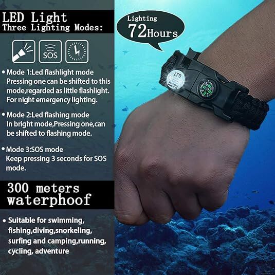 21 in 1 Survival Bracelet, Paracord Emergency Outdoor Sports Wristband Kit Waterproof Compass, SOS LED Light, Thermometer, Rescue Whistle, Fire Starter. Multi 21 Tools (Black 2 Pc).