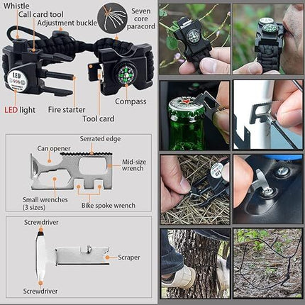 21 in 1 Survival Bracelet, Paracord Emergency Outdoor Sports Wristband Kit Waterproof Compass, SOS LED Light, Thermometer, Rescue Whistle, Fire Starter. Multi 21 Tools (Black 2 Pc).