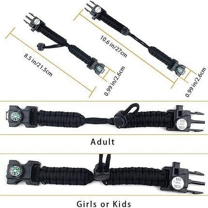21 in 1 Survival Bracelet, Paracord Emergency Outdoor Sports Wristband Kit Waterproof Compass, SOS LED Light, Thermometer, Rescue Whistle, Fire Starter. Multi 21 Tools (Black 2 Pc).