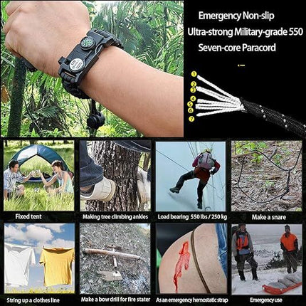 21 in 1 Survival Bracelet, Paracord Emergency Outdoor Sports Wristband Kit Waterproof Compass, SOS LED Light, Thermometer, Rescue Whistle, Fire Starter. Multi 21 Tools (Black 2 Pc).