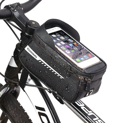 Black Waterproof Bike Frame Bag with Touchscreen & Reflective Details: 6.5" Phone Compatibility, Aussie Cyclist Essential.