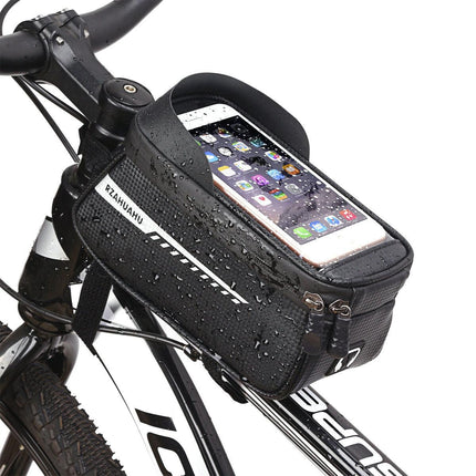 Black Waterproof Bike Frame Bag with Touchscreen & Reflective Details: 6.5" Phone Compatibility, Aussie Cyclist Essential.