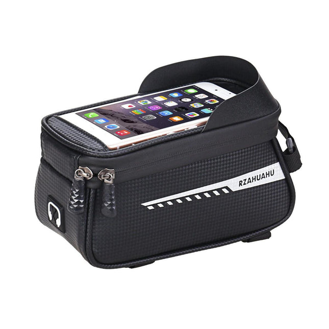 Black Waterproof Bike Frame Bag with Touchscreen & Reflective Details: 6.5" Phone Compatibility, Aussie Cyclist Essential.