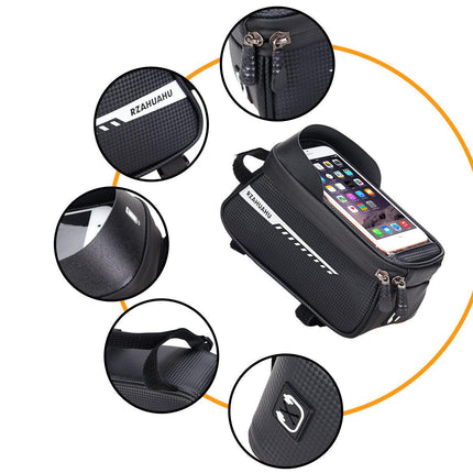 Black Waterproof Bike Frame Bag with Touchscreen & Reflective Details: 6.5" Phone Compatibility, Aussie Cyclist Essential.