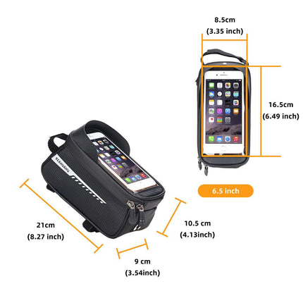 Black Waterproof Bike Frame Bag with Touchscreen & Reflective Details: 6.5" Phone Compatibility, Aussie Cyclist Essential.