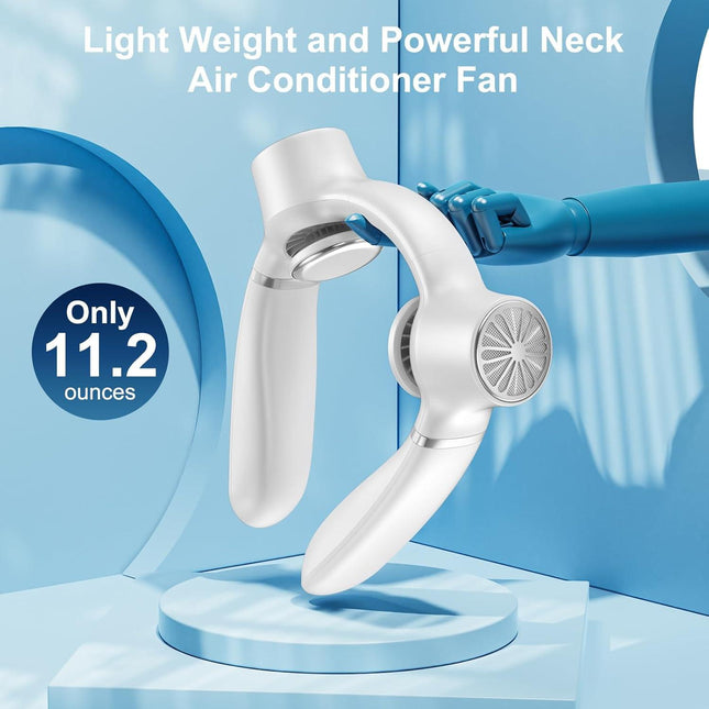 White Portable Neck Fan: Hands-Free Wearable Air Conditioner with 4000mAh Battery for Australian Travel & Daily Use.
