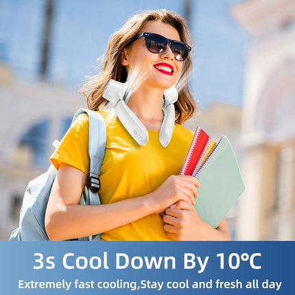 White Portable Neck Fan: Hands-Free Wearable Air Conditioner with 4000mAh Battery for Australian Travel & Daily Use.