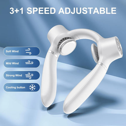White Portable Neck Fan: Hands-Free Wearable Air Conditioner with 4000mAh Battery for Australian Travel & Daily Use.