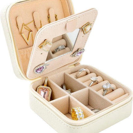 White Travel Jewelry Box with Mirror: Compact, Organised Storage for Rings, Necklaces & Earrings, Ideal for Aussies.