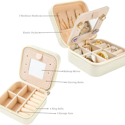 White Travel Jewelry Box with Mirror: Compact, Organised Storage for Rings, Necklaces & Earrings, Ideal for Aussies.