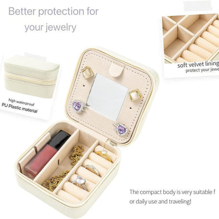 White Travel Jewelry Box with Mirror: Compact, Organised Storage for Rings, Necklaces & Earrings, Ideal for Aussies.