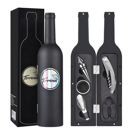 Wine Accessories Gift Set (Black), 5-Piece Bottle Corkscrew Opener Kit with Novelty Bottle-Shaped Case, Valentine's Day Gift for Wine Lovers.