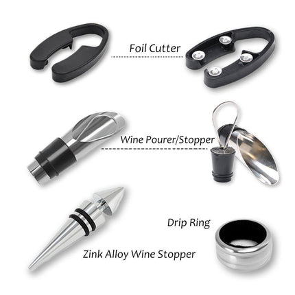 Wine Accessories Gift Set (Black), 5-Piece Bottle Corkscrew Opener Kit with Novelty Bottle-Shaped Case, Valentine's Day Gift for Wine Lovers.