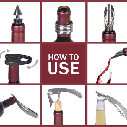 Wine Accessories Gift Set (Black), 5-Piece Bottle Corkscrew Opener Kit with Novelty Bottle-Shaped Case, Valentine's Day Gift for Wine Lovers.
