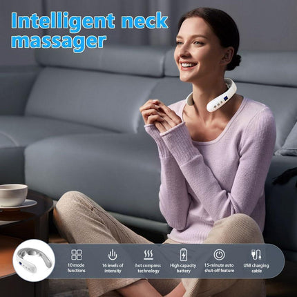 Wireless Neck Massager with Heat & 10 Modes: Electric Pulse Pain Relief for Australian Office Workers & Active Adults.