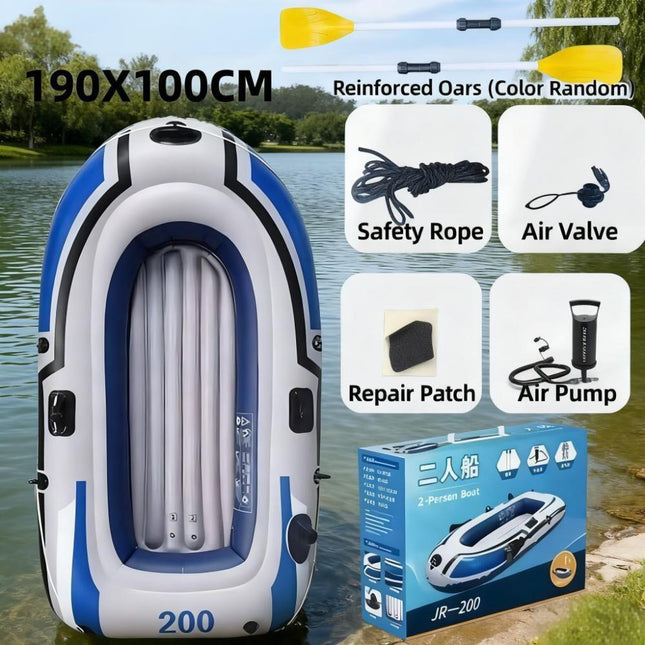 2-Person Inflatable Boat: 190x100cm Thick PVC Raft for Lakes/Pools – 180kg Capacity with Oars & Pump.