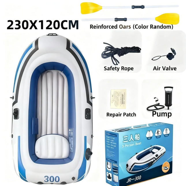 3-Person Inflatable Boat: Thick PVC Raft for Lakes/Pools – 238kg Capacity with Oars & Pump.
