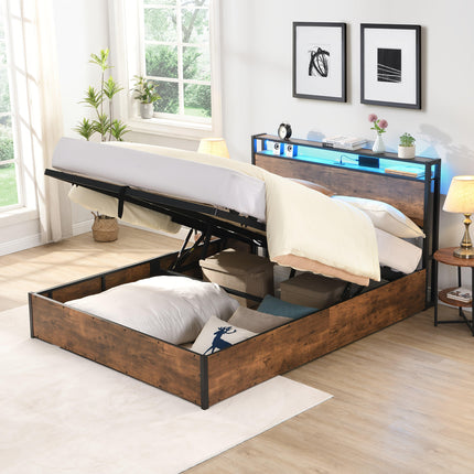 Gas Lift Bed Frame with Storage, Double Size Wooden Slats Platform Bed Frame with LED Lights and Charging Station, No Box Spring Needed, Noise Free, Rustic Brown.