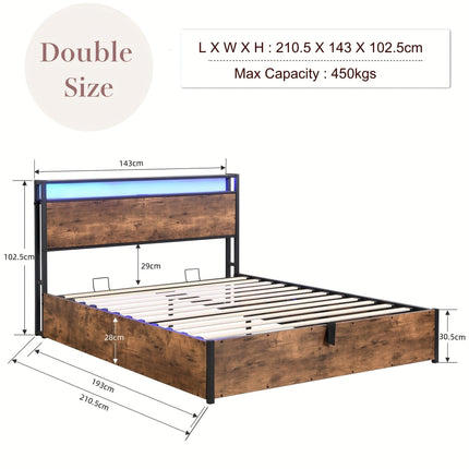Gas Lift Bed Frame with Storage, Double Size Wooden Slats Platform Bed Frame with LED Lights and Charging Station, No Box Spring Needed, Noise Free, Rustic Brown.