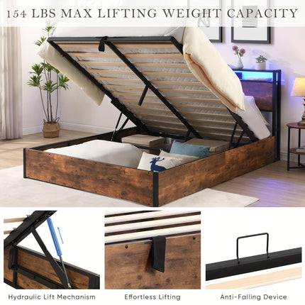 Gas Lift Bed Frame with Storage, Double Size Wooden Slats Platform Bed Frame with LED Lights and Charging Station, No Box Spring Needed, Noise Free, Rustic Brown.