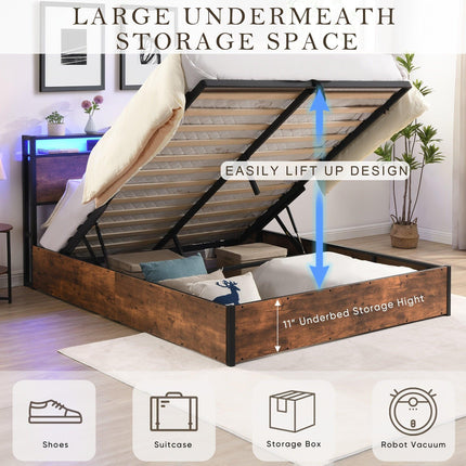 Gas Lift Bed Frame with Storage, Queen Size Wooden Slats Platform Bed Frame with LED Lights and Charging Station, No Box Spring Needed, Noise Free, Rustic Brown.