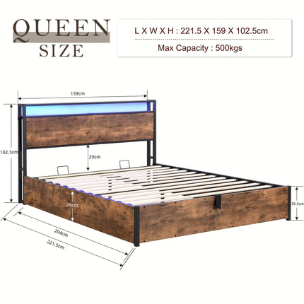 Gas Lift Bed Frame with Storage, Queen Size Wooden Slats Platform Bed Frame with LED Lights and Charging Station, No Box Spring Needed, Noise Free, Rustic Brown.