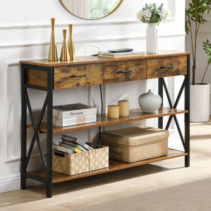Console Table with 3 Drawers, Industrial Entryway Table with 3 Tier Storage Shelves.