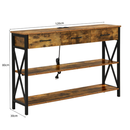 Console Table with 3 Drawers, Industrial Entryway Table with 3 Tier Storage Shelves.
