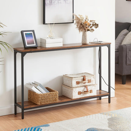 2 Tier Console Table with Power Outlets and USB Ports, Wood Entryway Table with Charging Station & Storage Shelf, Narrow 2-Tier Sofa Table for Living Room Hallway Foyer.