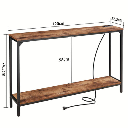 2 Tier Console Table with Power Outlets and USB Ports, Wood Entryway Table with Charging Station & Storage Shelf, Narrow 2-Tier Sofa Table for Living Room Hallway Foyer.