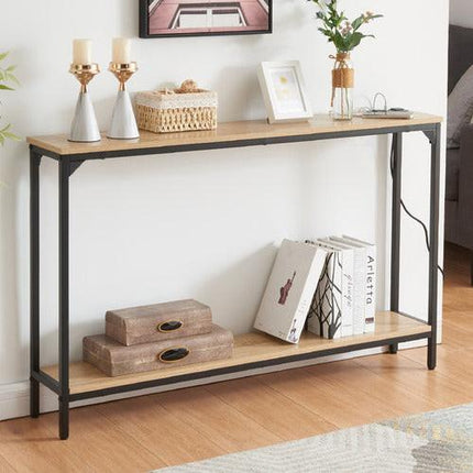 2 Tier Console Table with Power Outlets and USB Ports, Wood Entryway Table with Charging Station & Storage Shelf, Narrow 2-Tier Sofa Table for Living Room Hallway Foyer.