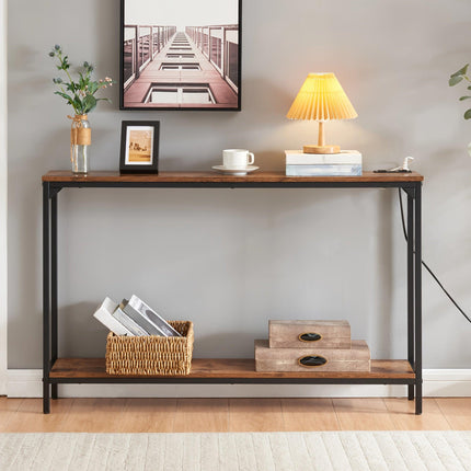 2 Tier Console Table with Power Outlets and USB Ports, Wood Entryway Table with Charging Station & Storage Shelf, Narrow 2-Tier Sofa Table for Living Room Hallway Foyer.
